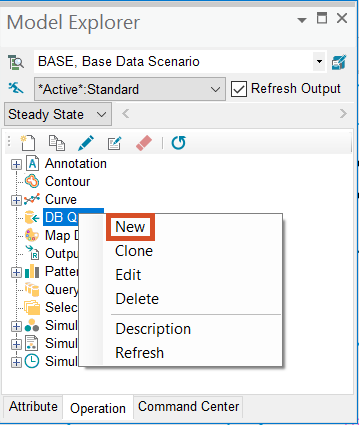 The Model Explorer, DB Query tool, with the New option called out in the submenu