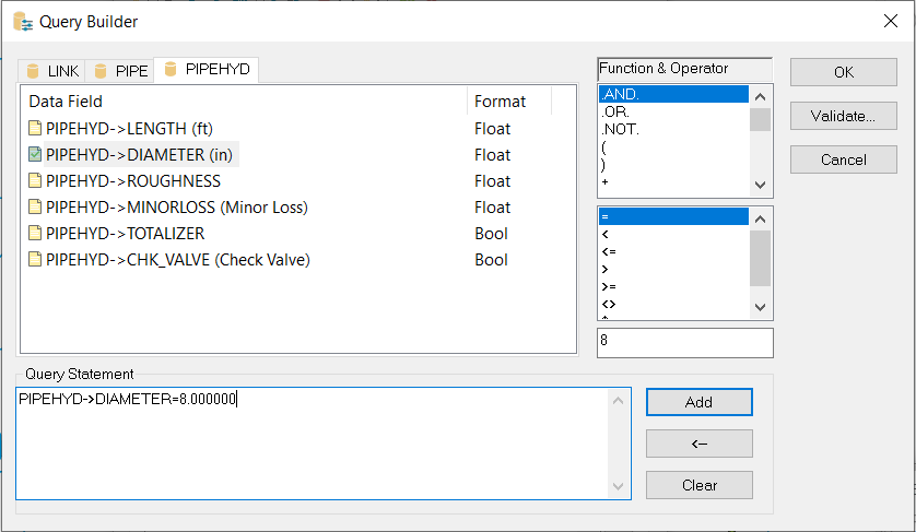 The Query Builder dialog box, with the PIPEHYD tab active and the query statement being built