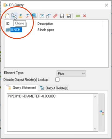 The DB Query dialog box, with the 8INCH query selected and the Clone tool highlighted for selection