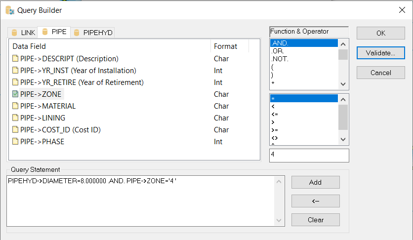 The Query Builder, with the PIPE tab active and the query statement being built