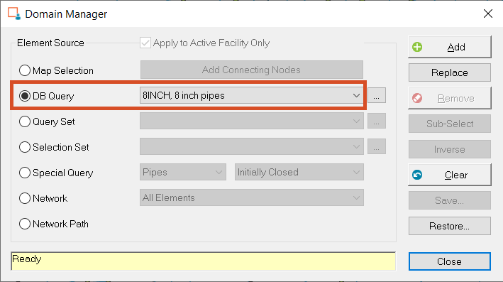 The Domain Manager dialog box, with the previously saved query selected