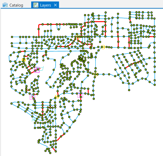 The Network map displaying all 8-inch pipes in red from the saved query