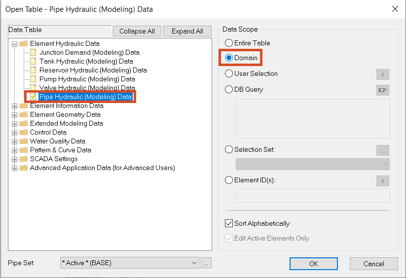 The Open Table dialog box with the data table and data scope configured for this exercise