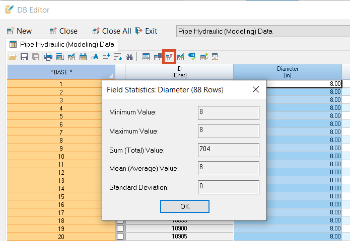 The DB Editor in the background, with the Field Statistics icon highlighted in the toolbar, and the Field Statistics: Diameter popup open and reporting the pipe diameters for the model