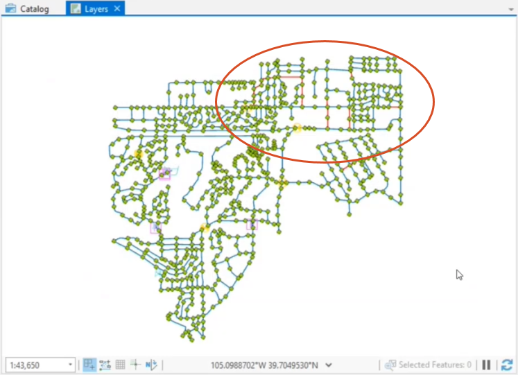 The Map view showing all 8-inch pipes in pressure zone 4 in red, and highlighted