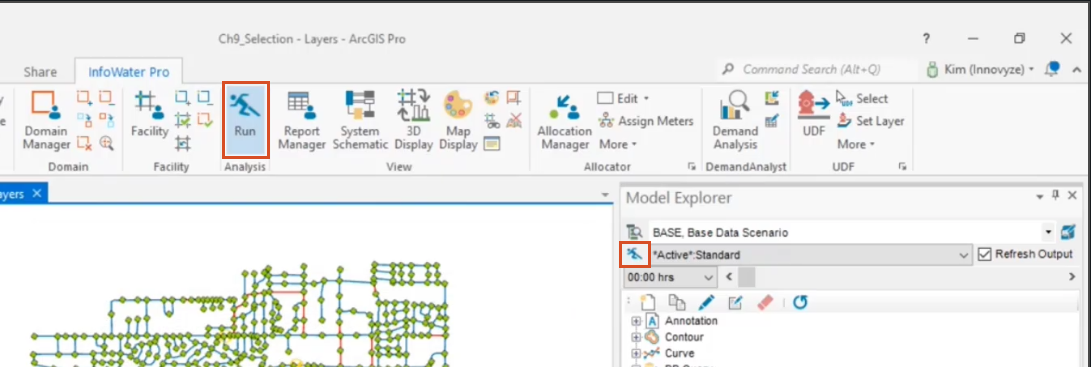 The Run Manager icon in the Model Explorer and in the ribbon, InfoWater Pro tab, Analysis panel