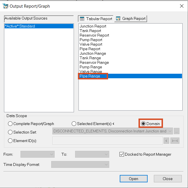 Output/Report Graph window with Pipe Range and Domain selected