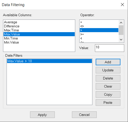 Data Filtering dialog box with settings for this exercise