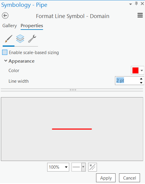 Symbology – Pipe pane with line width of 2 pt selected