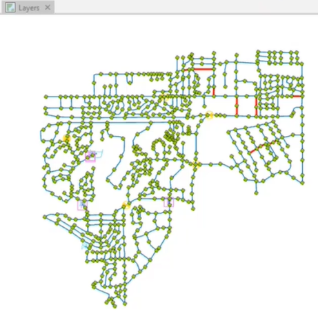 The network map with the high flow pipes highlighted