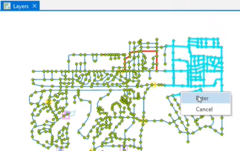 The network map displaying the sub-selection of pipes, highlighted in the top-right corner of the map