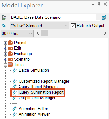 The Model Explorer Command Center Tab, with Tools folder expanded and Query Summation Report selected