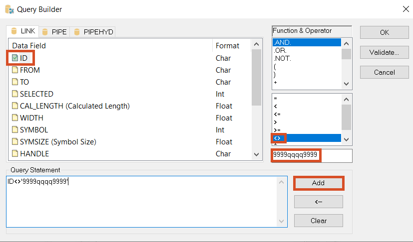 the Query Builder dialog box with the settings configured to select all the pipes in the model for this tutorial