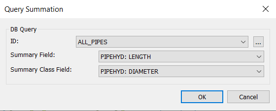 The Query Summation dialog box, with selections to sum the pipe lengths for each pipe diameter for this tutorial