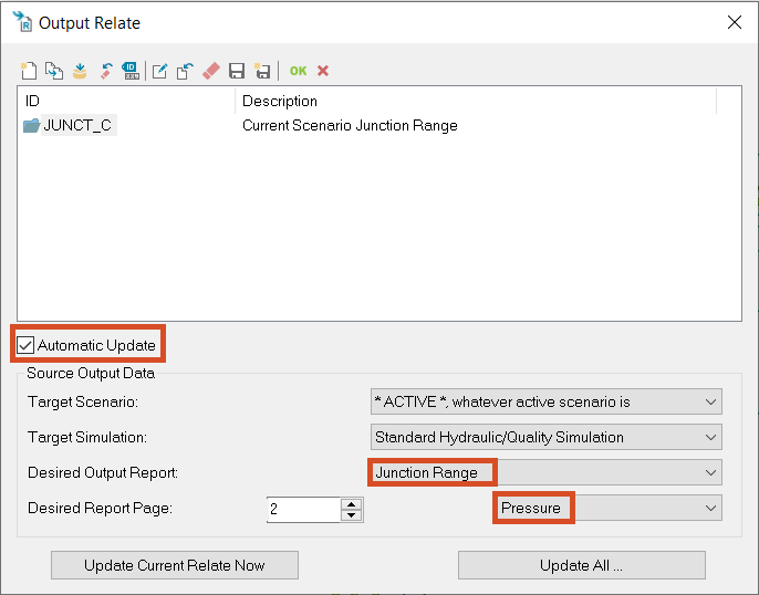 The Output Relate dialog box, with the settings configured to automatically update