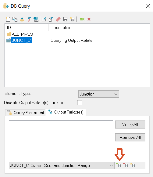 The DB Query dialog box displaying the Output Relate(s) tab with the Add Relate icon highlighted