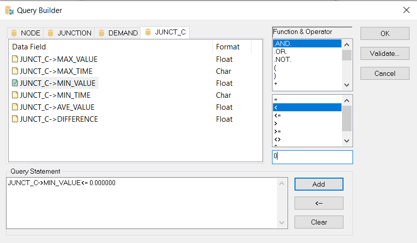 The Query Builder dialog box with settings needed to build a query for junctions with a pressure that drops below 0 psi