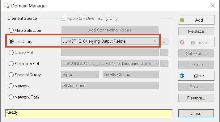 The Domain Manager dialog box with the JUNCT_C DB Query selected