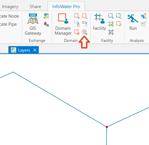 InfoWater Pro ribbon, Domain tab, with Zoom Domain tool highlighted and selected junction highlighted in red in the map