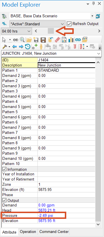 The Model Explorer, Attribute tab for Junction J1404, with slide bar at 04:00 hours and Pressure setting highlighted