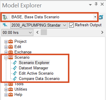 The Model Explorer, Command Center tab displaying the available scenario tools