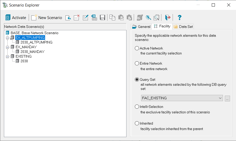 The Scenario Explorer, with the Facility tab open