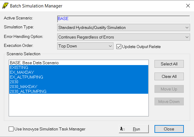 The Batch Simulation Manager, with multiple simulations highlighted for a batch run