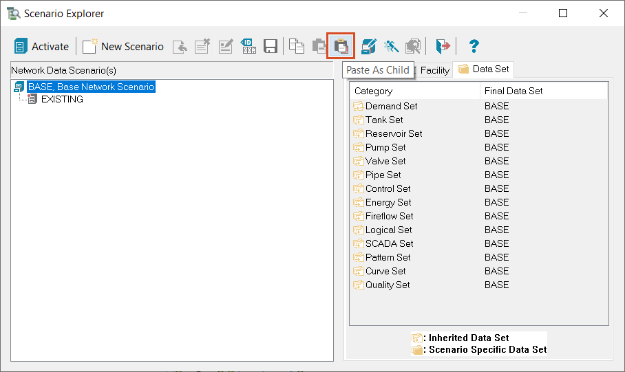 The Scenario Explorer, showing the EXISTING scenario in the Network Data Scenario(s) list, with Paste as Child selected in the toolbar