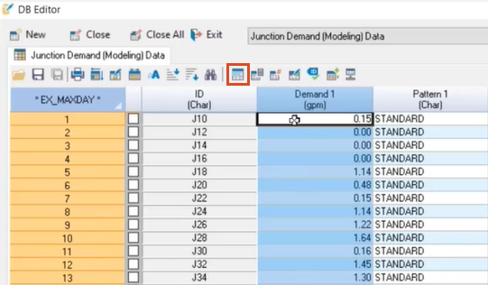 The DB Editor, with the Demand 1 (gpm) column selected and the Block Editing icon highlighted