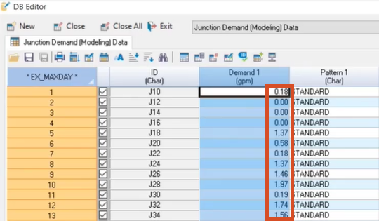 The DB Editor displaying the 20% increased Demand 1 fields