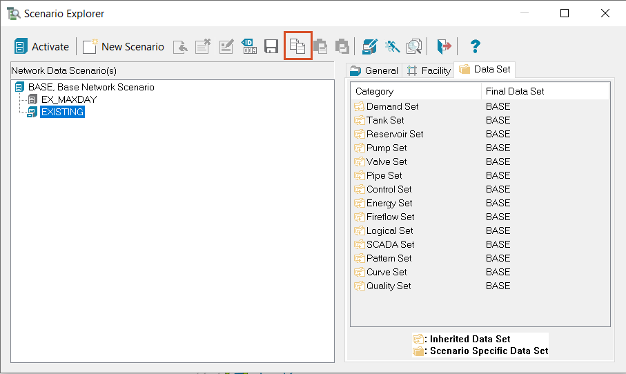 Scenario Explorer with EXISTING scenario selected and Copy icon highlighted