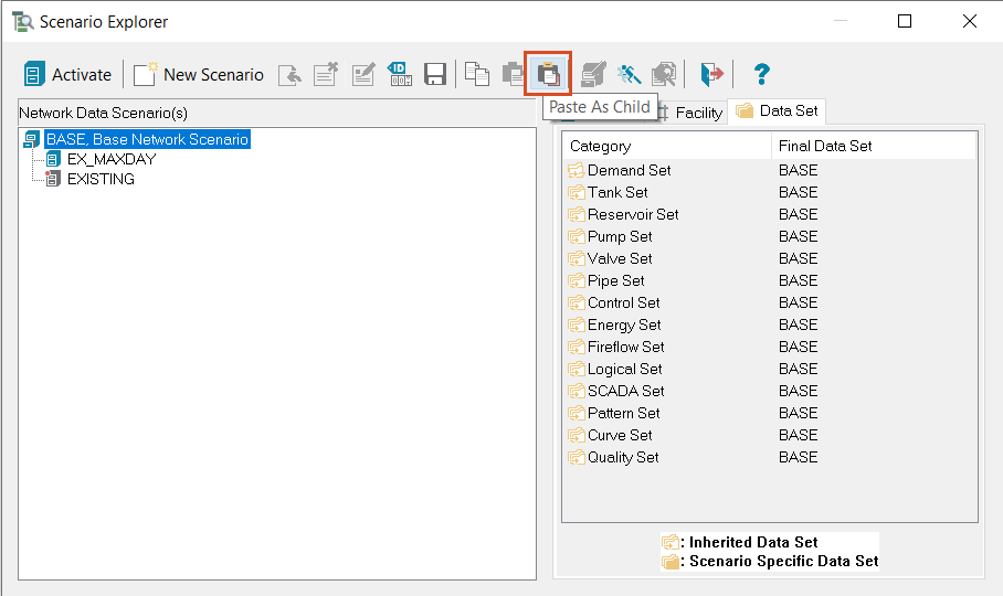 Scenario Explorer with BASE scenario selected and Paste as Child icon highlighted