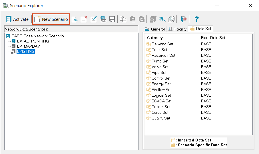 Scenario Explorer with EXISTING scenario selected and New Scenario highlighted in the toolbar