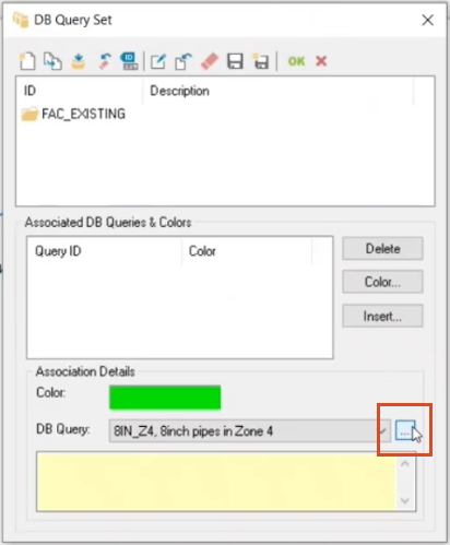 The DB Query Set dialog box, with the Browse (…) button highlighted