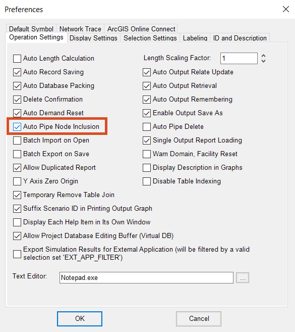 The InfoWater Pro Preferences dialog box, Operation Settings tab, with Auto Pipe Node Inclusion highlighted and enabled