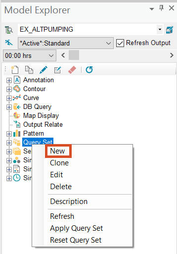 Model Explorer, Operation tab, with Query Set selected and the right-click menu highlighting New