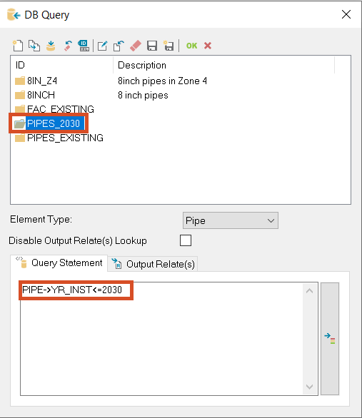 The DB Query window with PIPES_2030 selected and the query statement updated to 2030