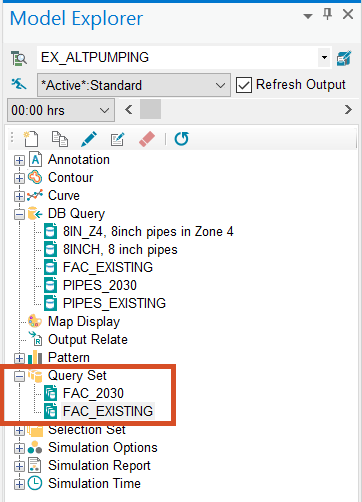 The Model Explorer, Operation tab, displaying the two new query set definitions for existing and future conditions