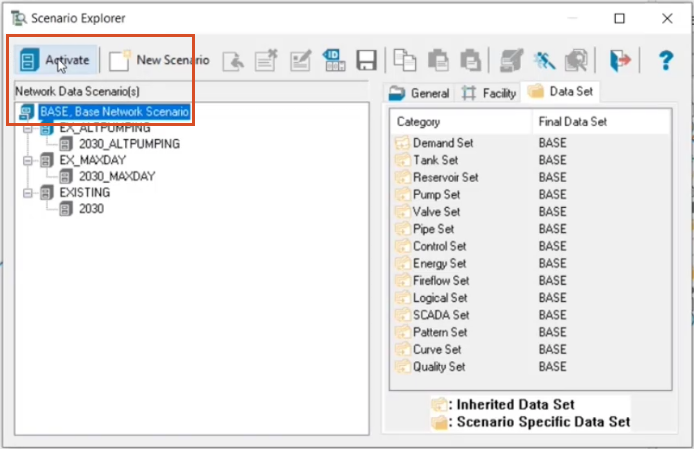 Scenario Explorer window with the BASE scenario selected and Activate highlighted on the toolbar