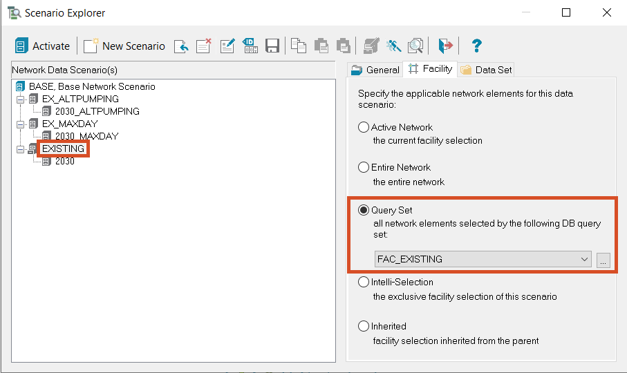 Scenario Explorer with the EXISTING scenario selected and the Query Set section highlighted in the Facility tab