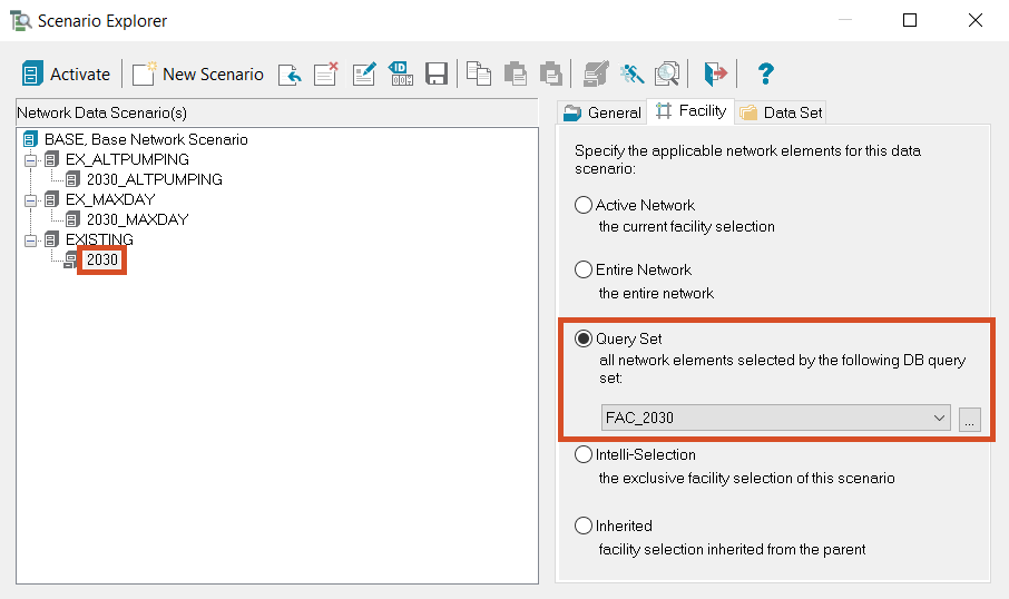 The Scenario Explorer, with the 2030 scenario selected and the Query Set options highlighted in the Facility tab