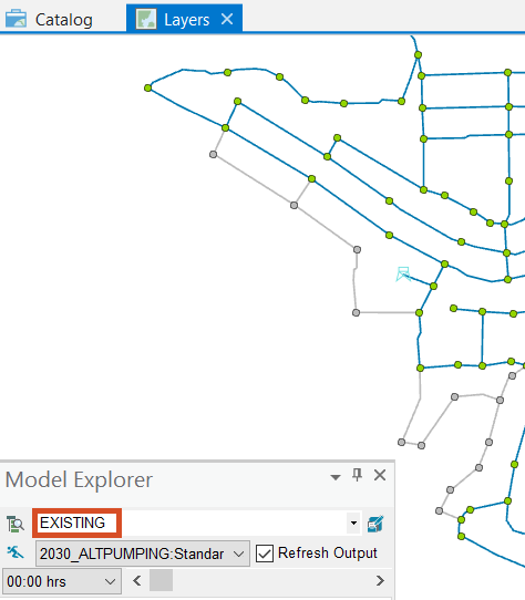 Network map of the EXISTING scenario, with proposed pipes and junctions displayed as grey