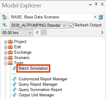 The Model Explorer, Command Center tab, with the Tool folder expended and Batch Simulation highlighted