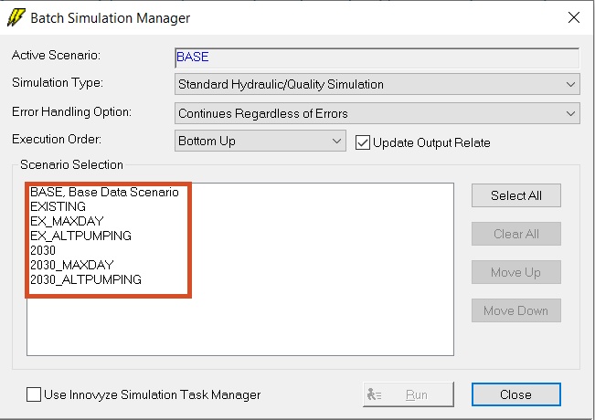 The Batch Simulation Manager, with the list of scenarios set in the required order for this tutorial