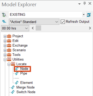 The Model Explorer, Command Center tab, with the Utilities and Locate folders expanded and Node highlighted