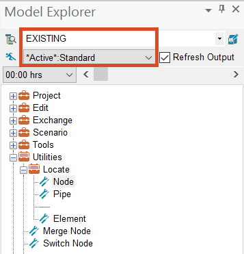 Model Explorer displaying the EXISTING scenario and *Active*:Standard output selected