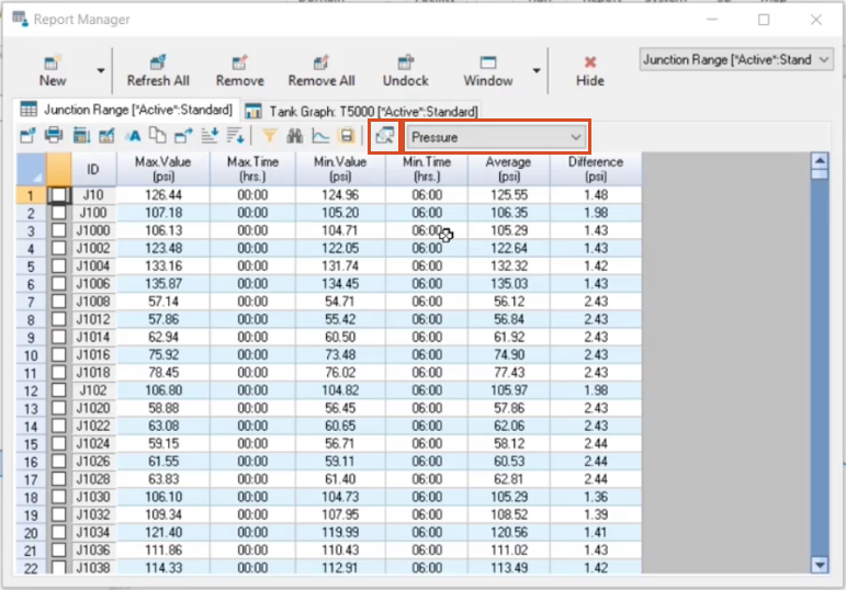 The Report Manager, set to the Pressure display parameter and with the Compare Report icon highlighted in the toolbar