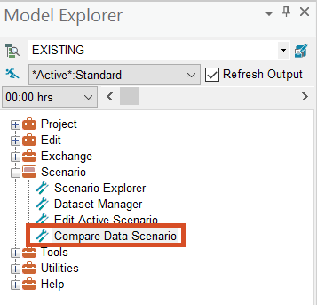 The Model Explorer Command center tab, with Scenario folder expanded and Compare Data Scenario highlighted