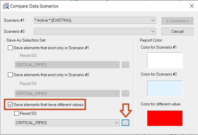 The Compare Data Scenarios dialog box, with configured so that it will compare elements that have different values