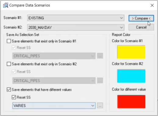 The Compare Data Scenarios dialog box, with the chosen scenarios for comparison and the color scheme selected for the results